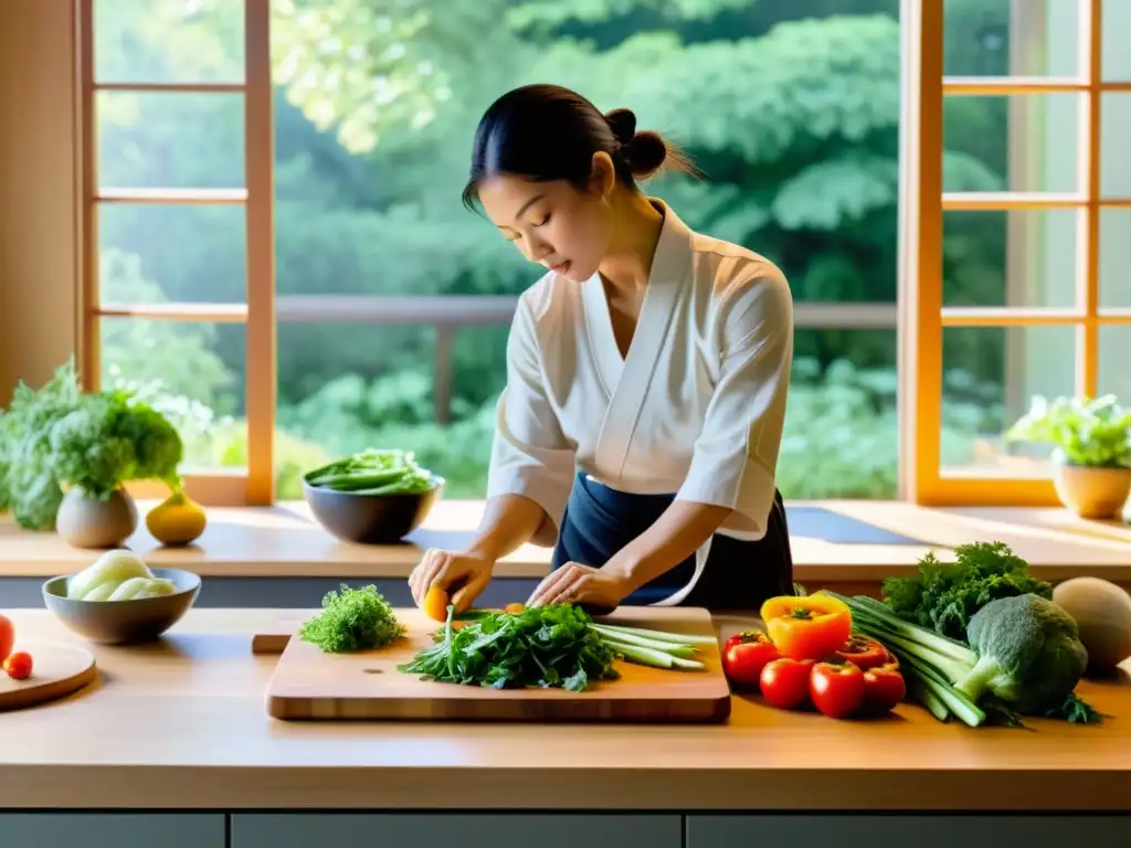 Un cocinero en meditación marcial corta vegetales frescos en una cocina iluminada por el sol