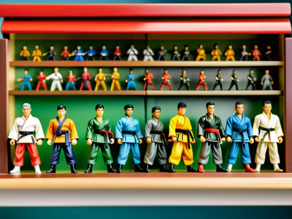 Colección de figuras de artes marciales: detalle y emoción Una colección de figuras de acción vintage de artes marciales en una estantería de madera, mostrando detalles intrincados y colores vibrantes
