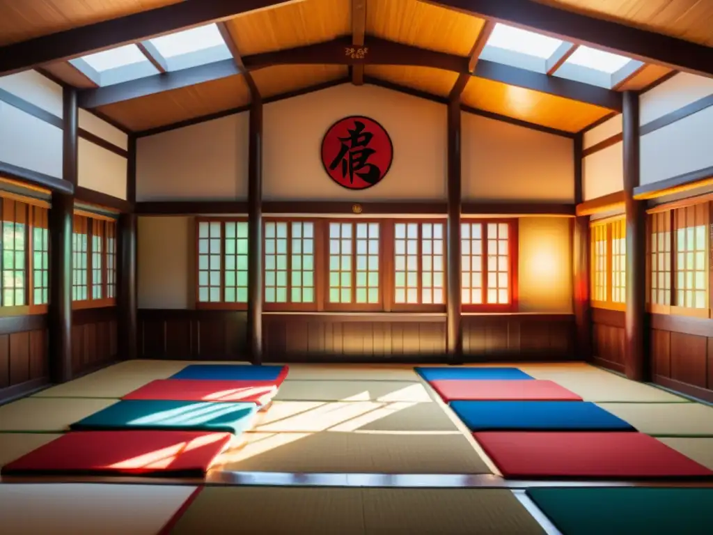 Una colección de parches de artes marciales adorna las paredes de un dojo, bañado por la cálida luz del sol