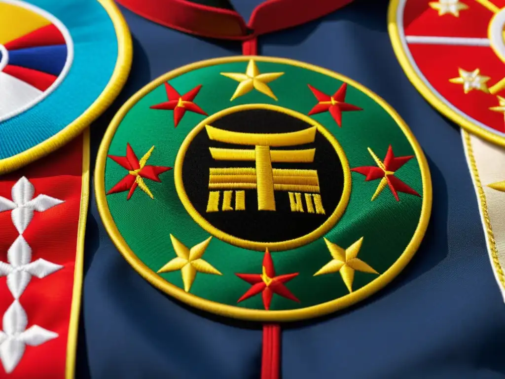 Una colección de parches de artes marciales, detallados y coloridos, adornan el uniforme del maestro, mostrando la rica tradición y dedicación