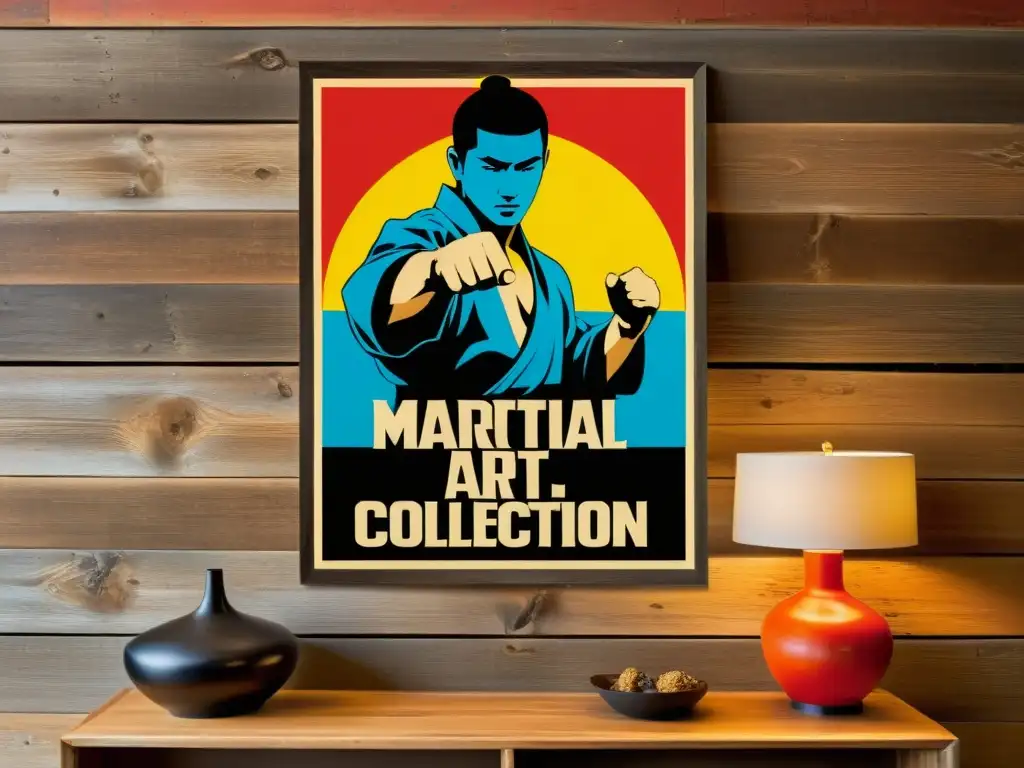 Una colección de posters de arte oficial de artes marciales, desgastados pero vibrantes, exhibidos en una pared de madera envejecida