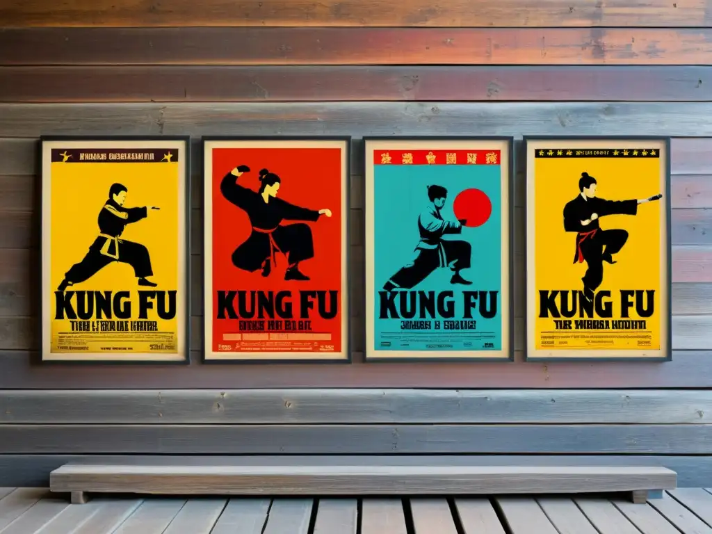 Una colección de posters vintage de películas de kung fu en una pared de madera envejecida, mostrando arte dinámico y colores vibrantes