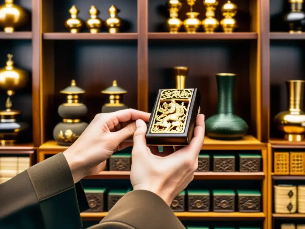 Inspección detallada de artes marciales: aprecio y cuidado Un coleccionista examina detenidamente una valiosa pieza de artes marciales, mostrando su cuidado y aprecio