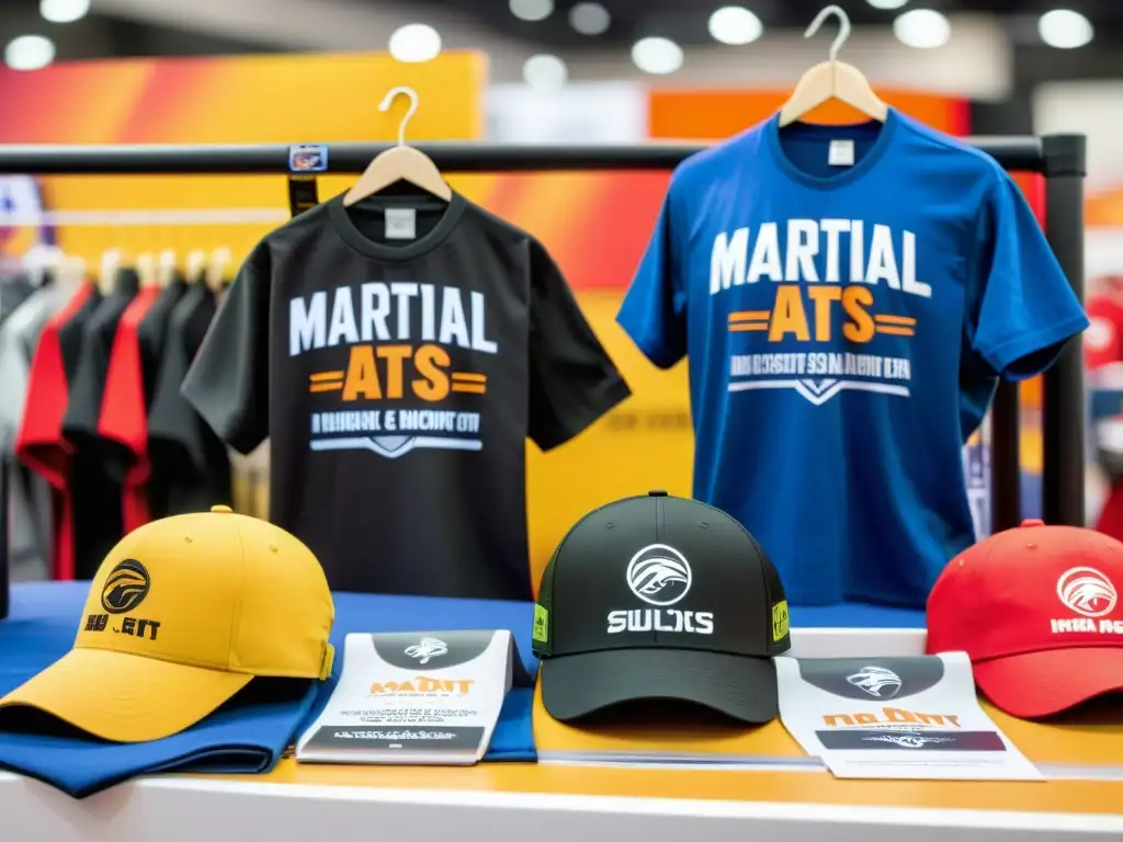 Un colorido puesto de merchandising de eventos de artes marciales, con clientes explorando productos y haciendo compras