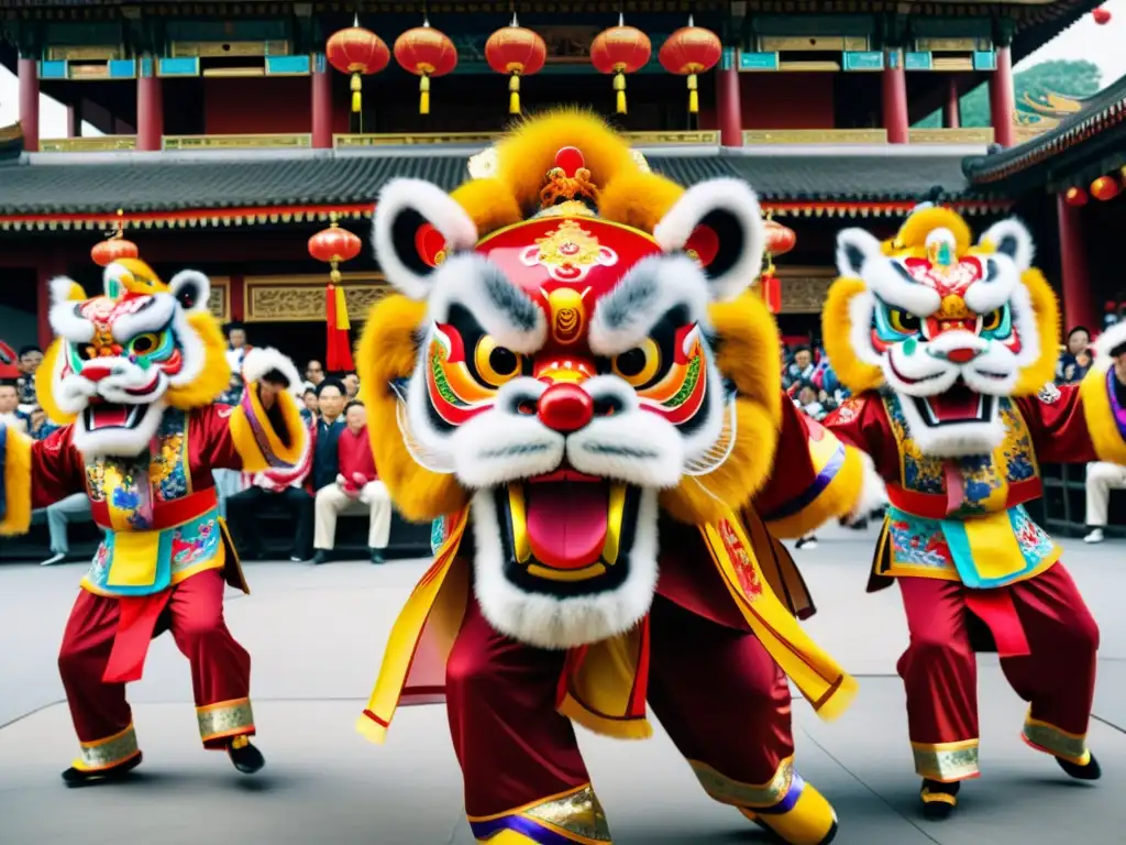 Dos coloridos leones chinos danzantes en un vibrante baile con aplicaciones para aprender artes marciales chinas