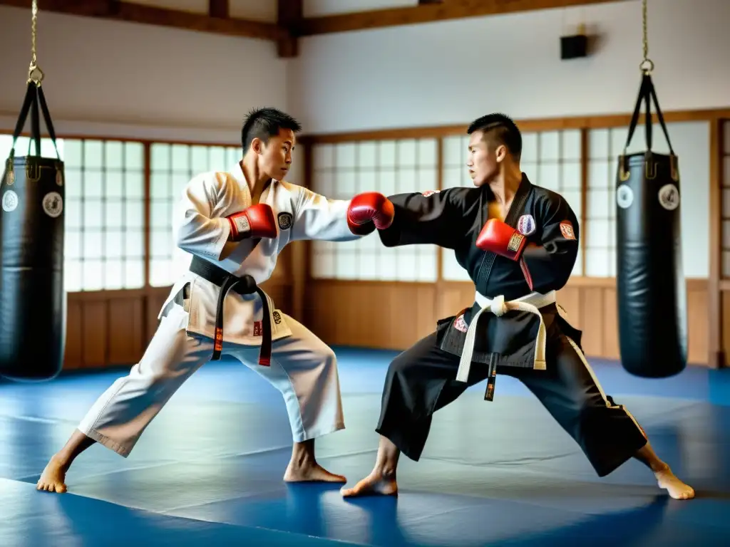 Combate dinámico en un dojo tradicional, muestra la destreza y concentración de dos artistas marciales