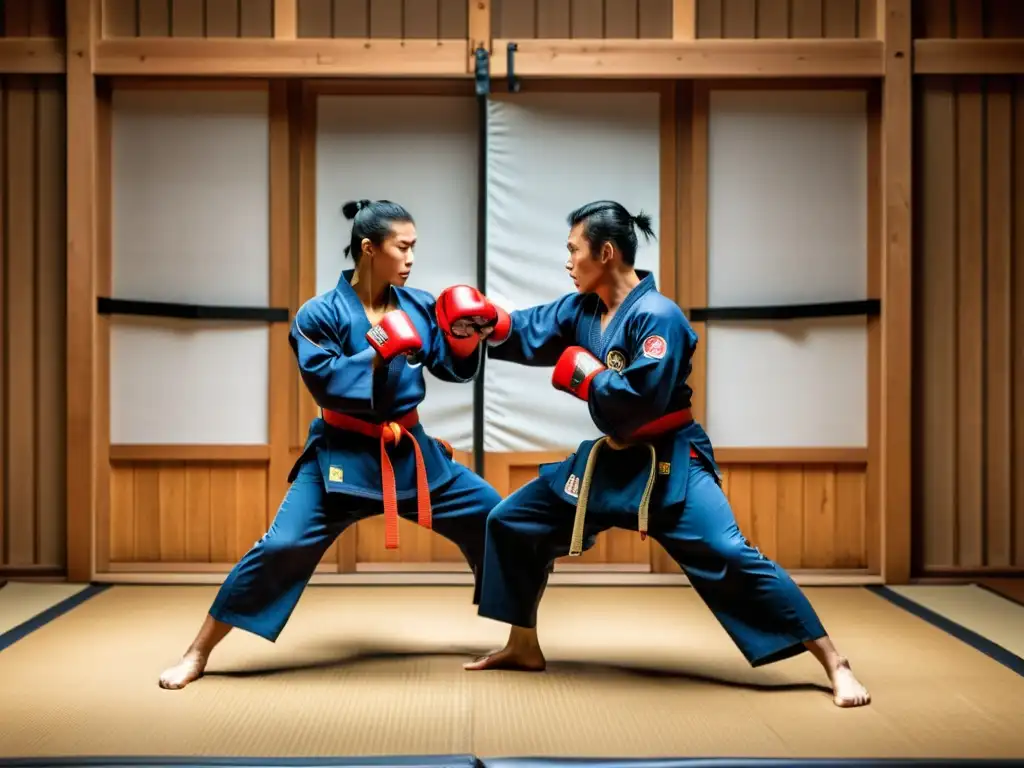 Duelo de artes marciales: energía y determinación Combate dinámico en dojo tradicional resalta la energía y disciplina de las artes marciales