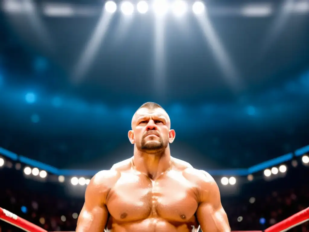 Chuck Liddell se prepara para el combate en un octágono helado, con una mirada intensa y determinada