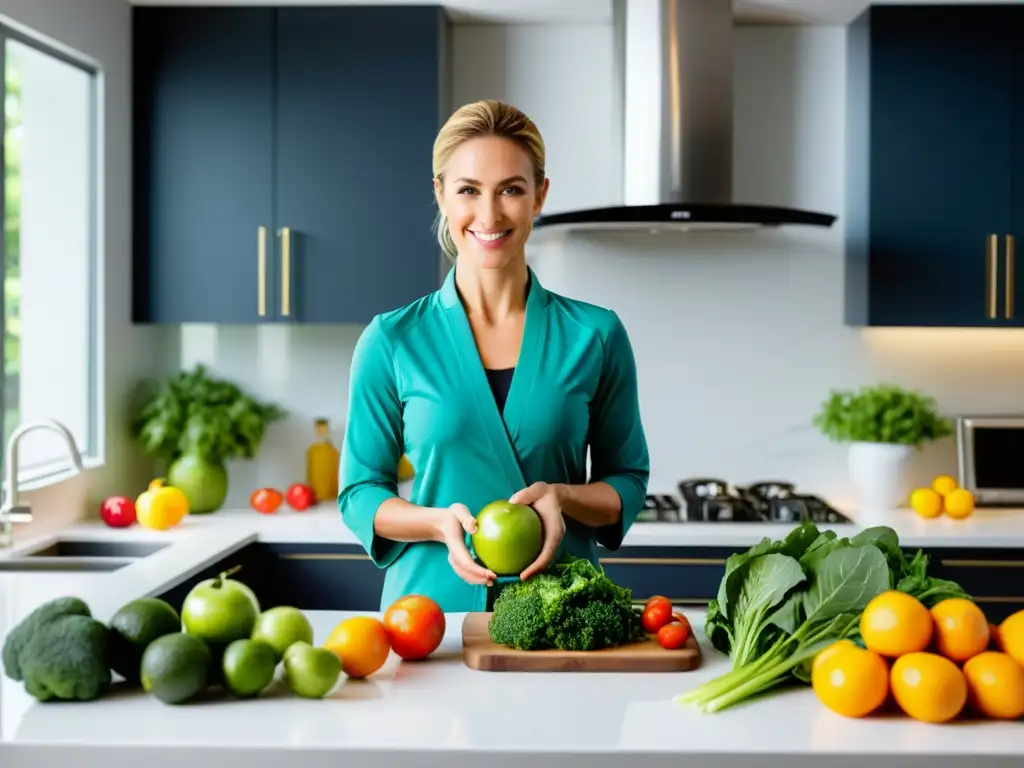 Nutricionista fitness preparando comida balanceada en cocina moderna, destacando la importancia de la nutrición para artes marciales