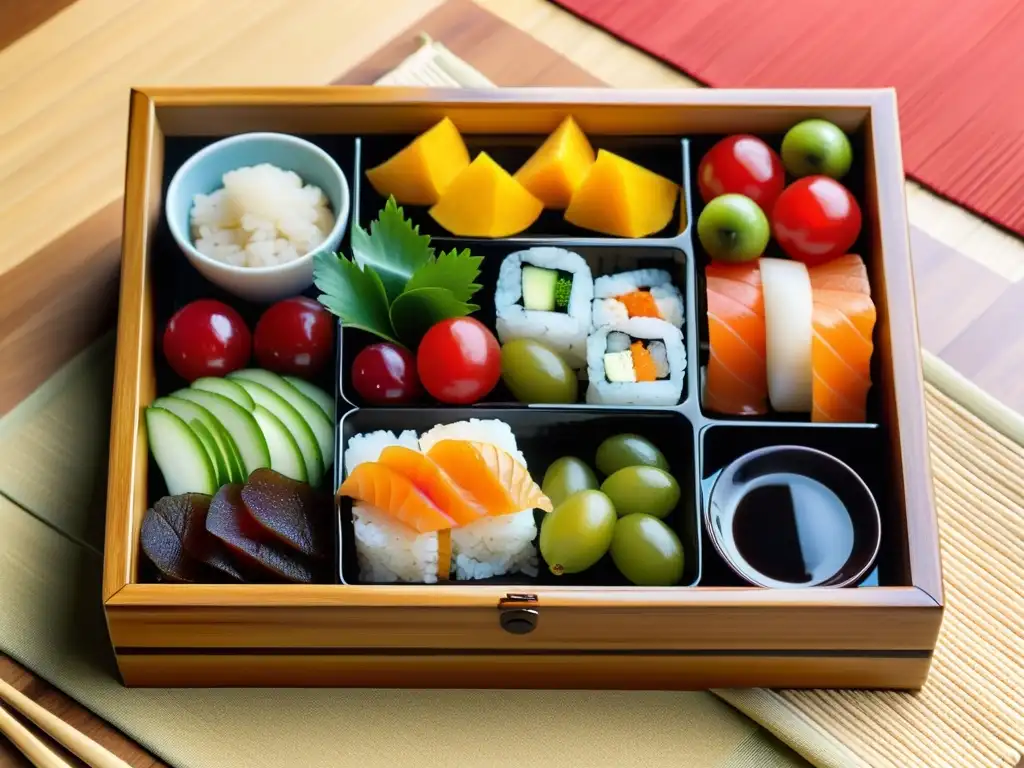 Una comida equilibrada y colorida en una caja bento japonesa, ideal para mejorar el ninjutsu con nutrición de calidad