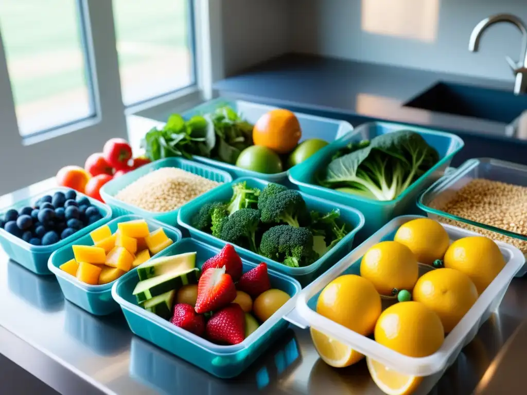 Estación de preparación de comidas para deportistas de combate con ingredientes coloridos y nutritivos, transmitiendo disciplina y dedicación