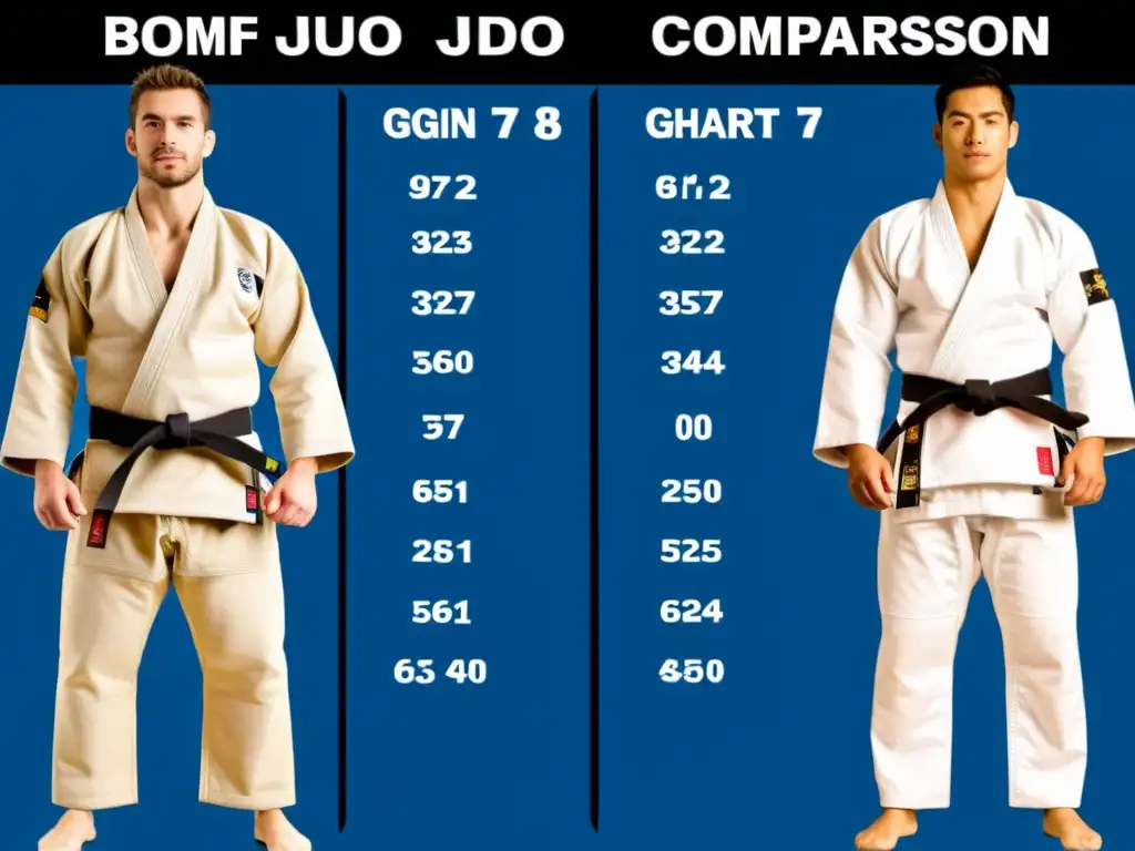 Comparativa detallada de los mejores gis para Judo, con close-ups de la tela, costura y refuerzos en áreas clave como cuello y mangas