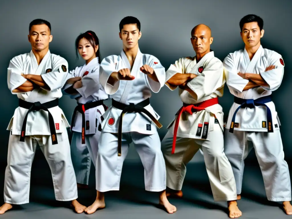 Comparativa de los 5 estilos de Karate: Expertos en kimonos demostrando técnicas únicas con intensidad y enfoque, en un escenario japonés tradicional