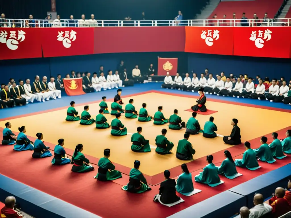 Competencia de Kung Fu con atletas en trajes tradicionales mostrando habilidades impresionantes