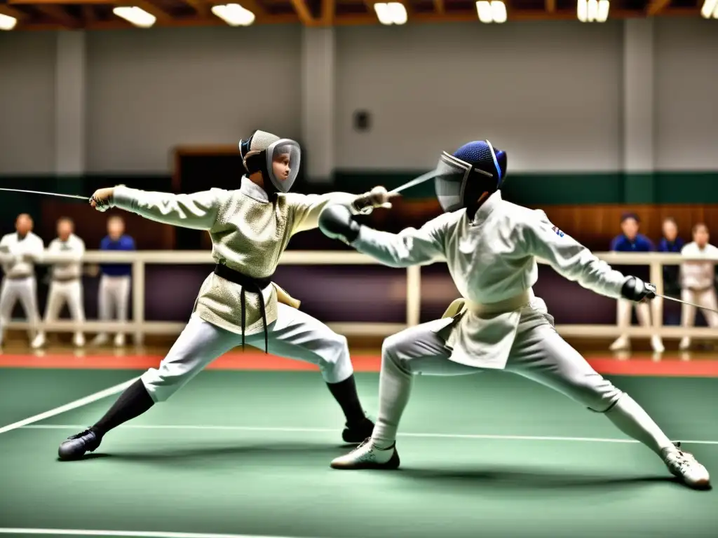 Competencia de esgrima tradicional: fencers concentrados en un intercambio dinámico