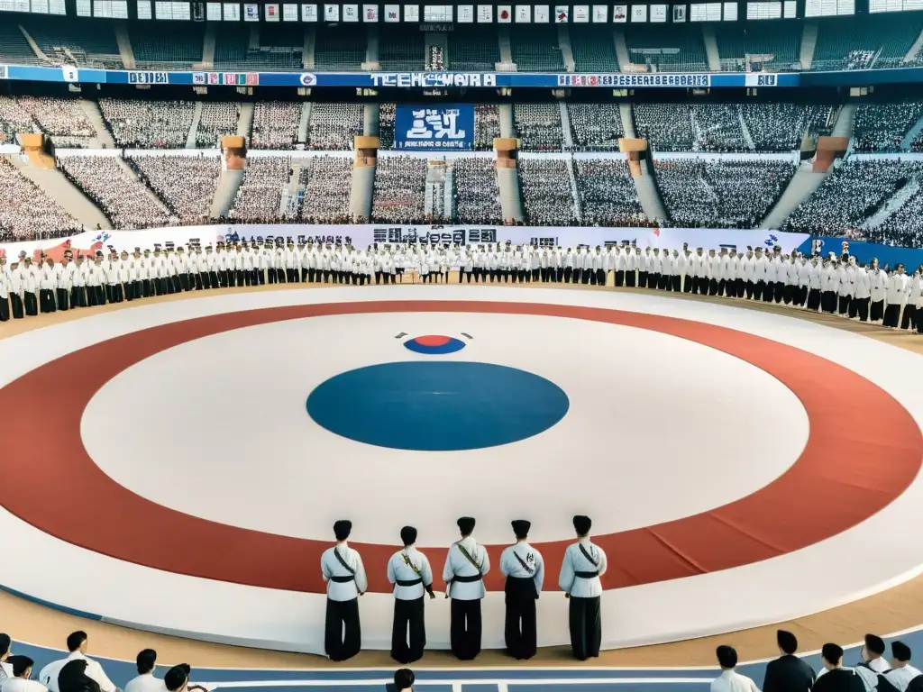 Competencia histórica de Taekwondo en Corea con unificación de banderas y atletas enfocados