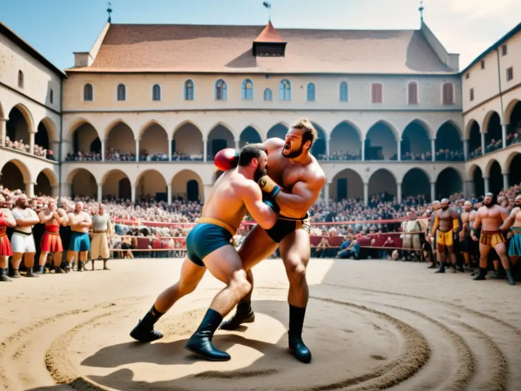 Competencia de lucha grecorromana en la Europa medieval, con una multitud animada y luchadores musculosos en un pueblo medieval