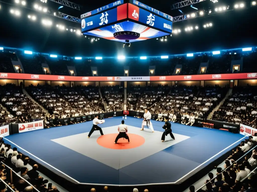 Competencias de artes marciales en streaming: Lucha intensa y enérgica en un estadio lleno, con movimientos dinámicos y público emocionado