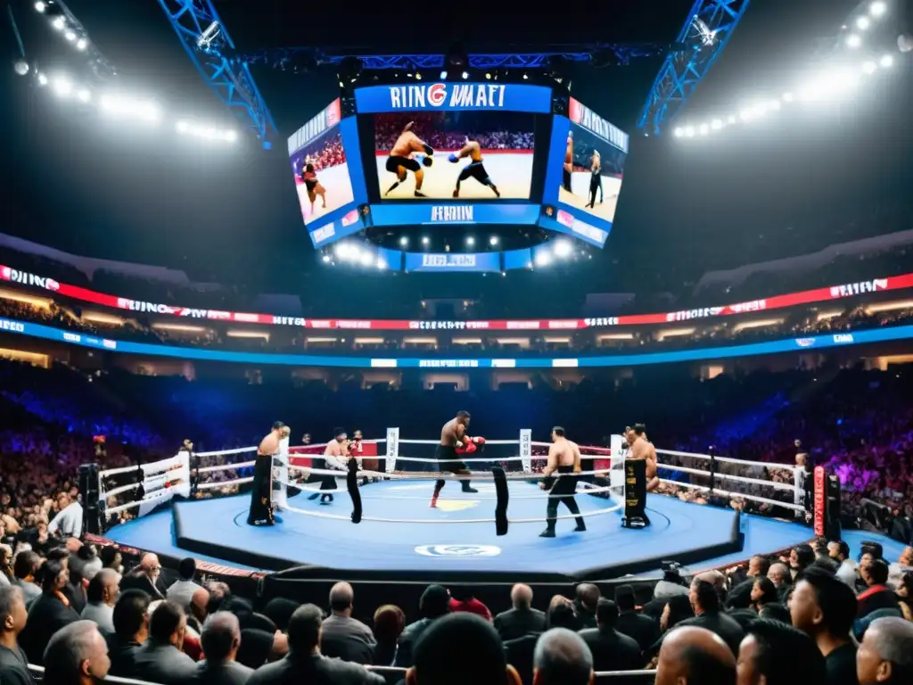 Competencias de artes marciales en streaming: Intensa batalla entre dos artistas marciales, con una arena repleta de espectadores impresionados