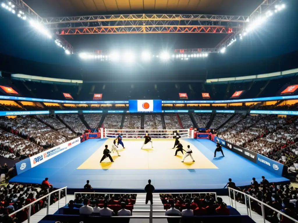 Competencias de artes marciales en streaming: Un estadio lleno de energía con intensa competencia de artes marciales y público cautivado