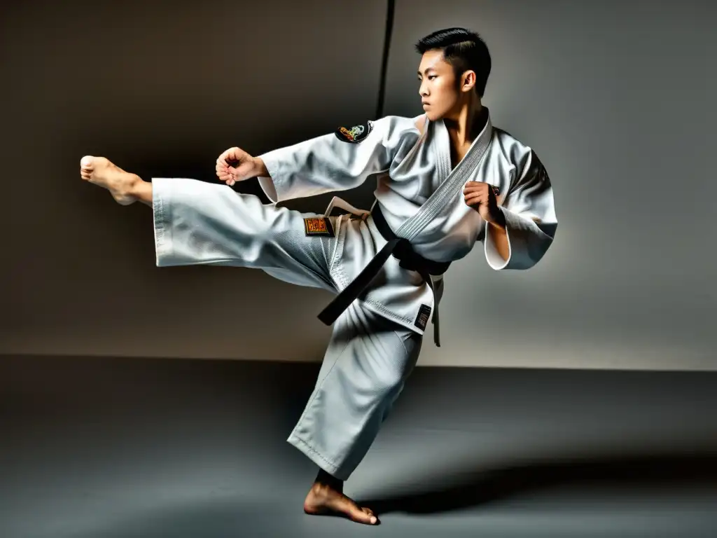 Un competidor de artes marciales en gi blanco ejecutando una potente patada, rodeado de un ambiente auténtico de entrenamiento