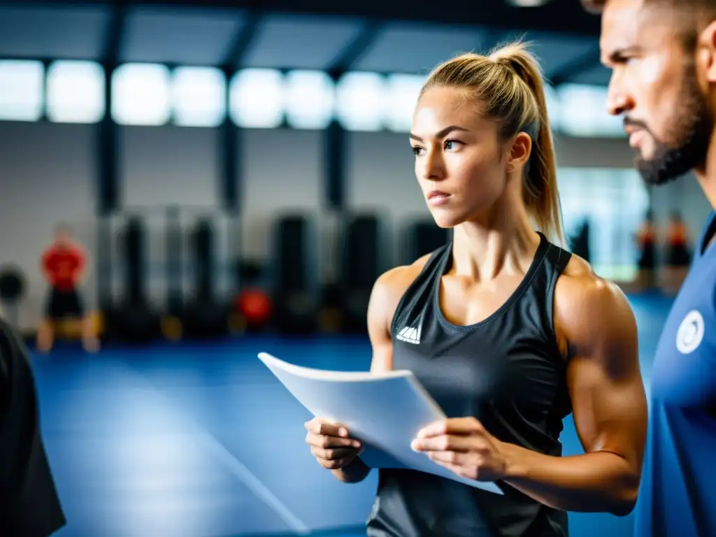 Un competidor de artes marciales enfocado recibe asesoramiento de nutrición en el gimnasio, destacando la determinación