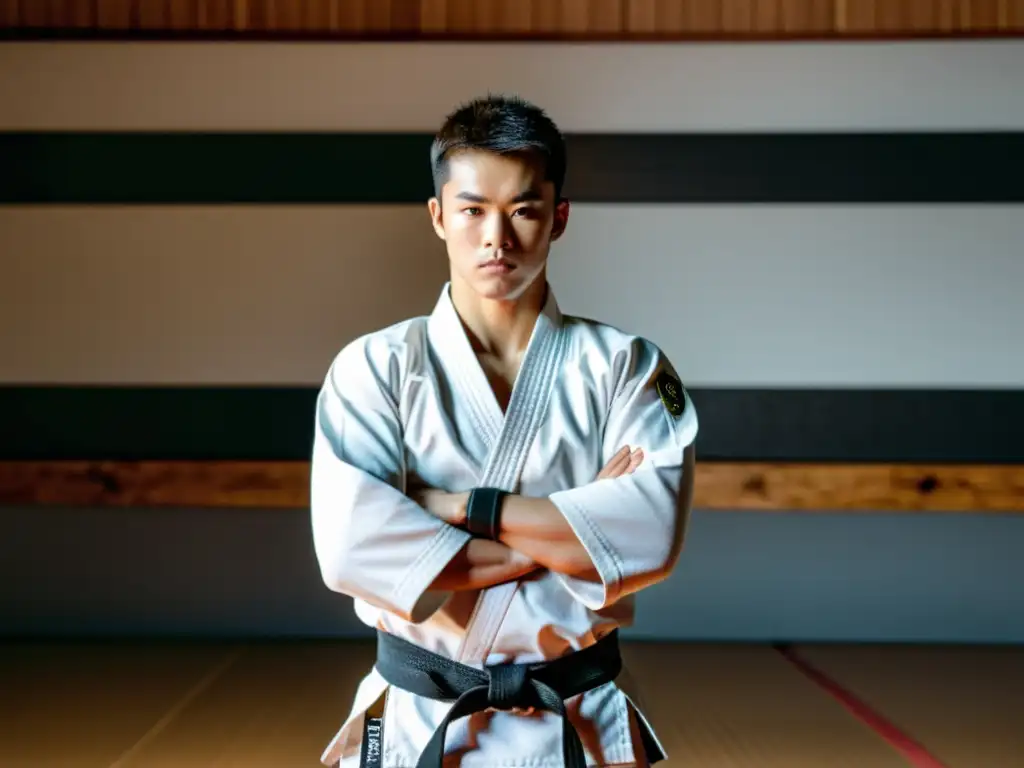 Un competidor de karate listo para la competición, con determinación en un dojo tradicional
