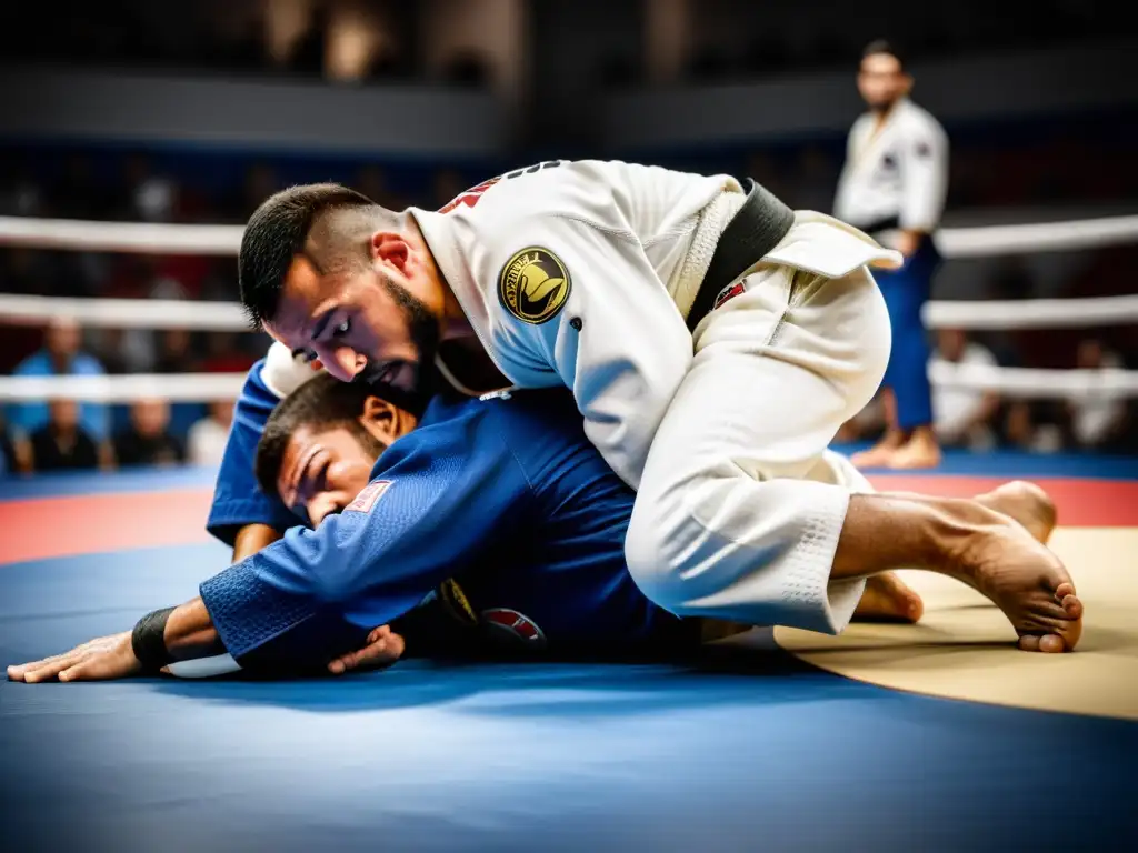 Un competidor de JiuJitsu ejecuta una sumisión efectiva con intensa determinación en una competencia