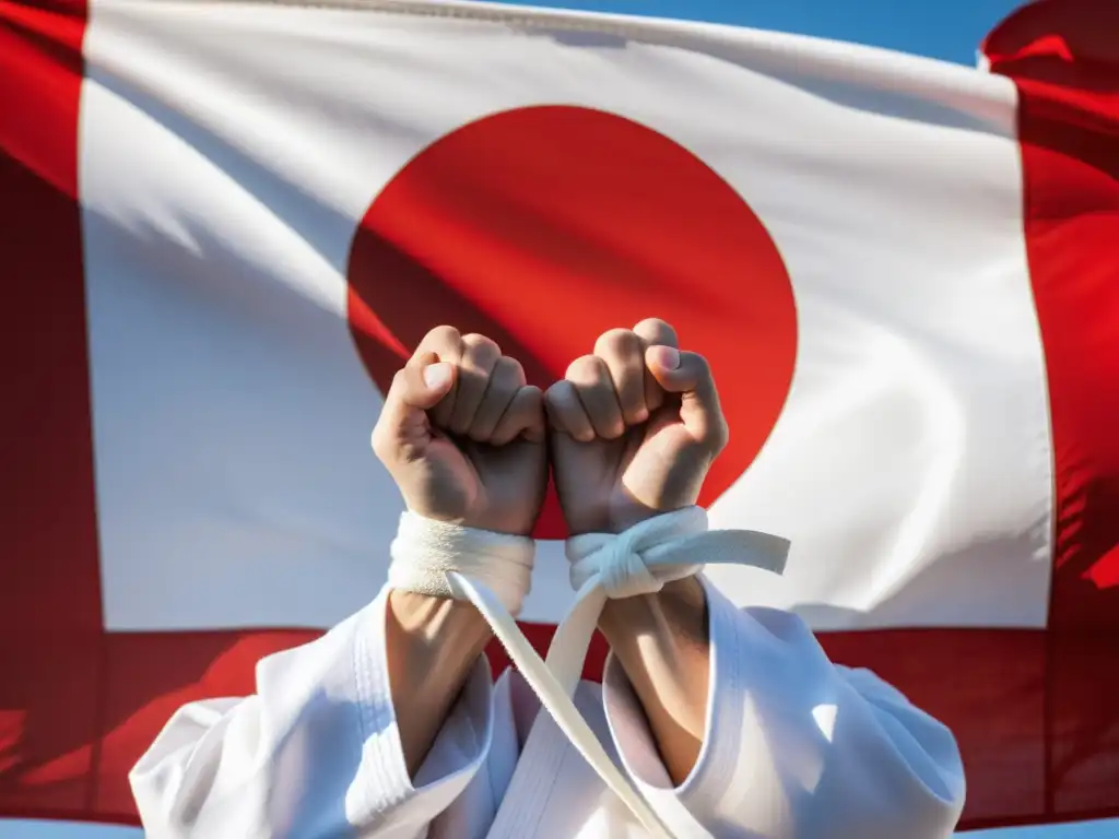 Un competidor de karate muestra determinación al atar sus manos con precisión, frente a la bandera japonesa