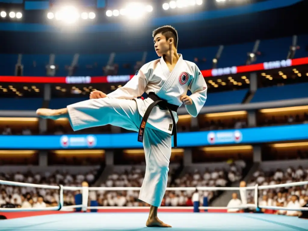 Un competidor de karate ejecuta un poderoso salto en un torneo, mostrando determinación y habilidad