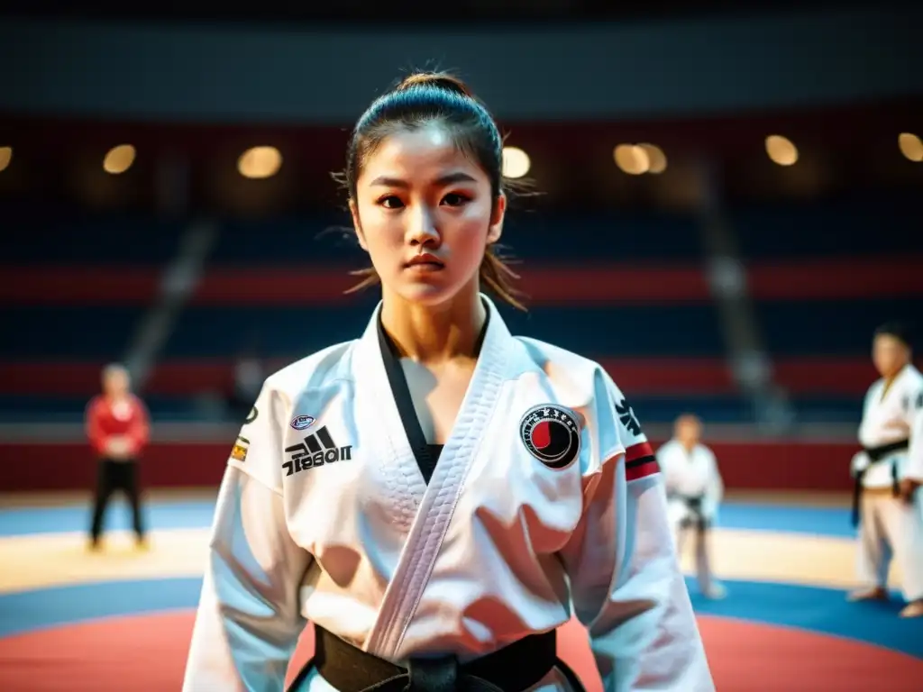 Un competidor de taekwondo se prepara para la competencia, rodeado de compañeros y entrenadores en un ambiente tenso y enfocado