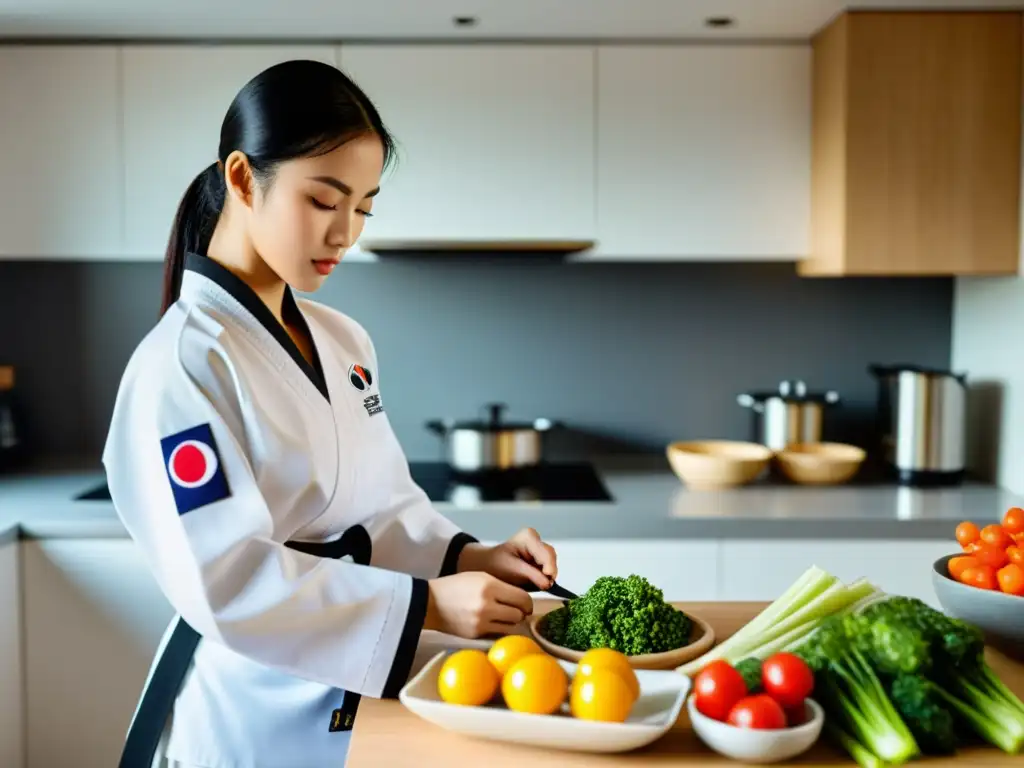 Un competidor de Taekwondo prepara una dieta equilibrada para competir en artes marciales, mostrando disciplina y nutrición para el rendimiento óptimo