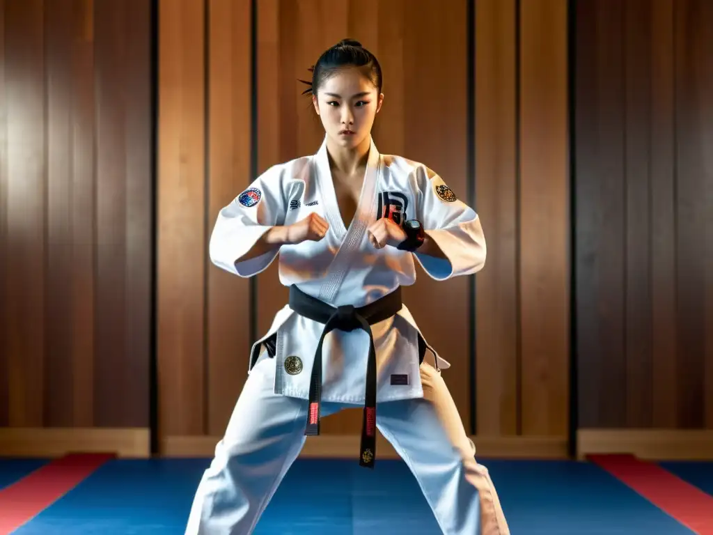 Competidor de taekwondo enfocado en un dojo sereno, listo para competir