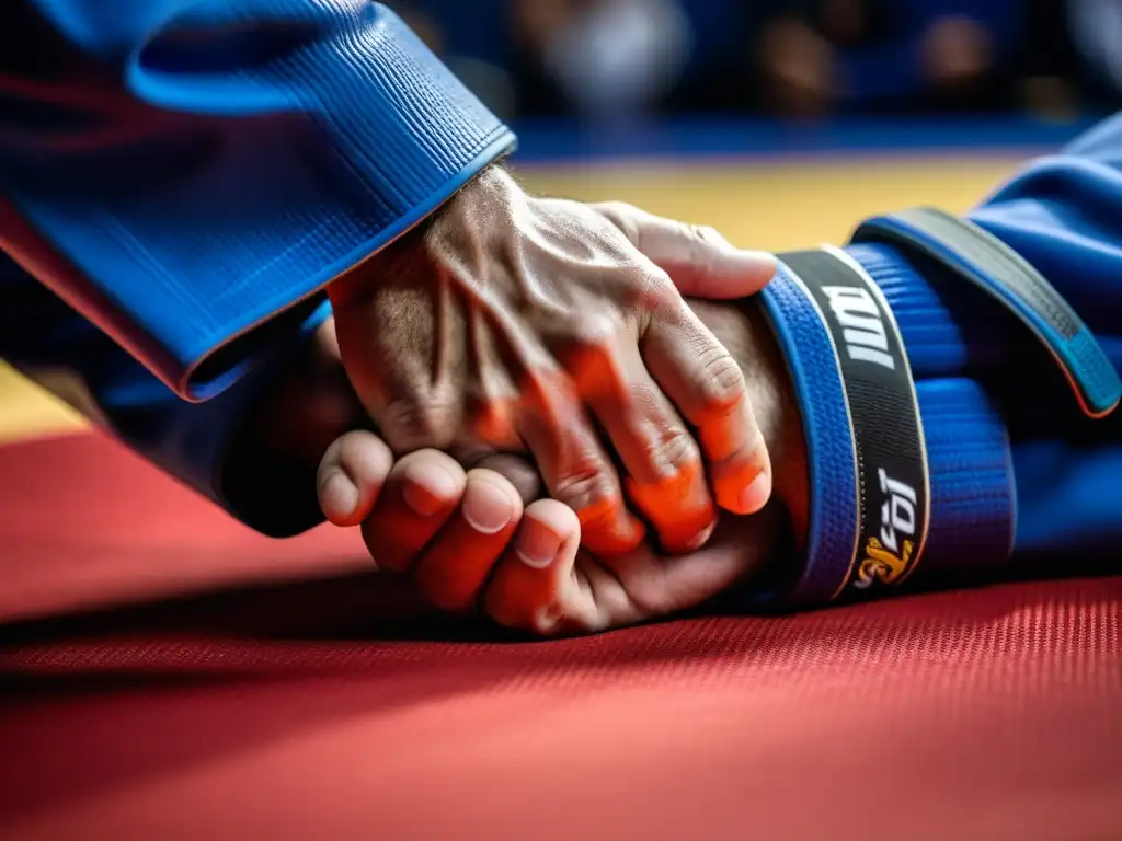 Un competidor de JiuJitsu ejecuta una técnica precisa en el tatami, mostrando determinación y concentración