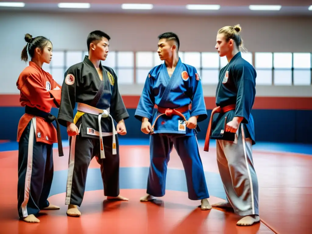 Competidores de artes marciales en un intenso combate en un gimnasio