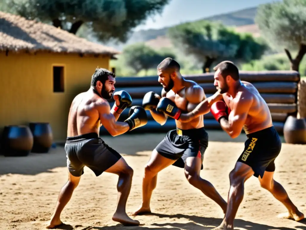 Competidores de Pankration entrenando al atardecer en campamento, con determinación y sudor