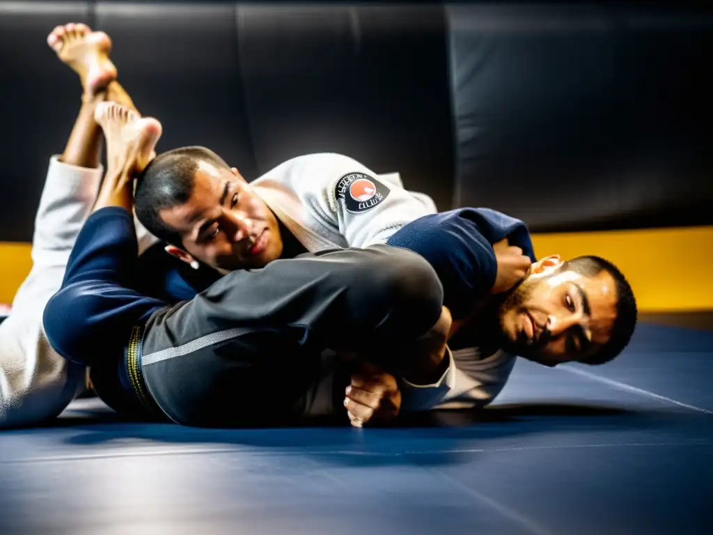 Dos competidores de Jiu Jitsu Brasileño en intenso entrenamiento avanzado, mostrando determinación y técnica en un ambiente profesional