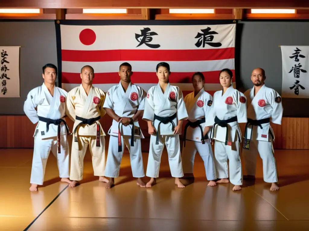 Competidores de karate élite en dojo tradicional, iluminados por el sol