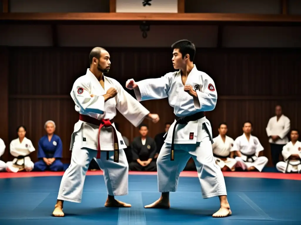 Dos competidores de karate en un dojo tradicional, en tensa postura