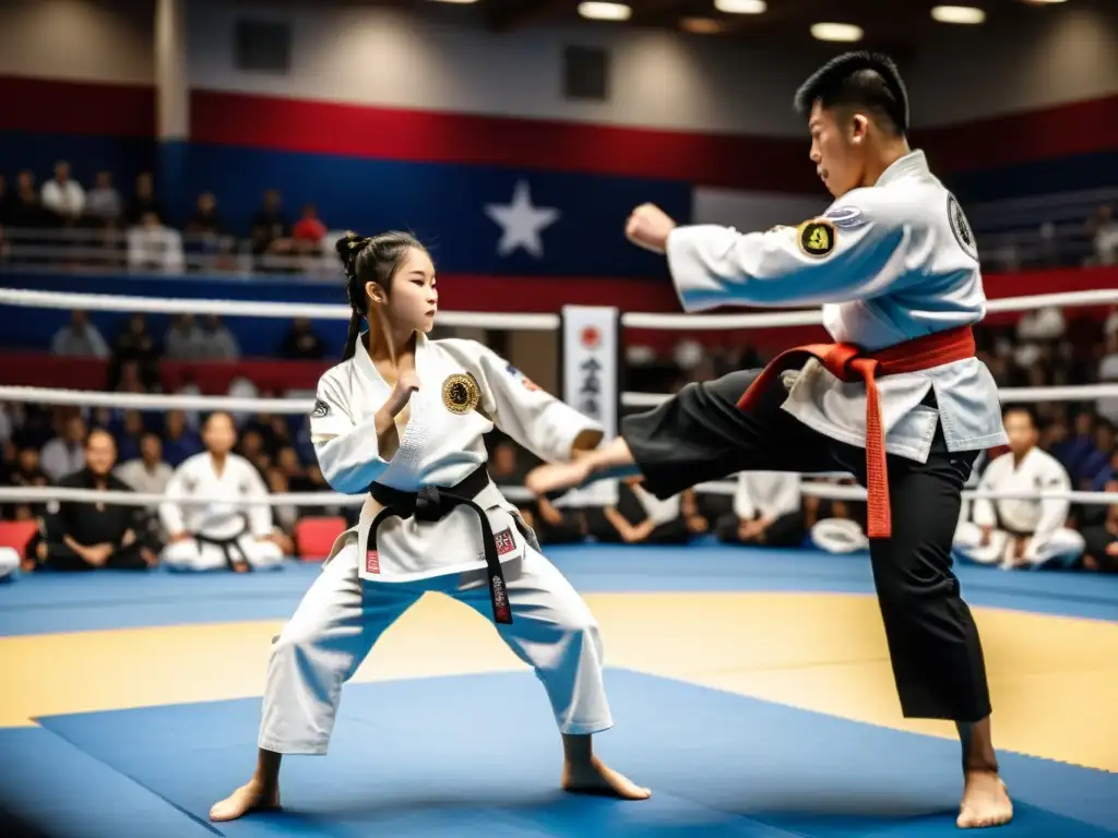 Competidores enfocados en un torneo de artes marciales en América, destacando la evolución competitiva de las artes marciales en el país