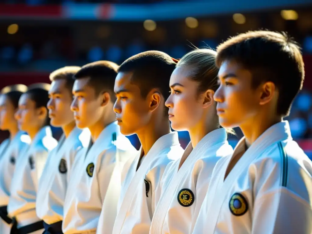 Competidores de karate en fila, en uniforme blanco, mostrando preparación y determinación antes de un torneo