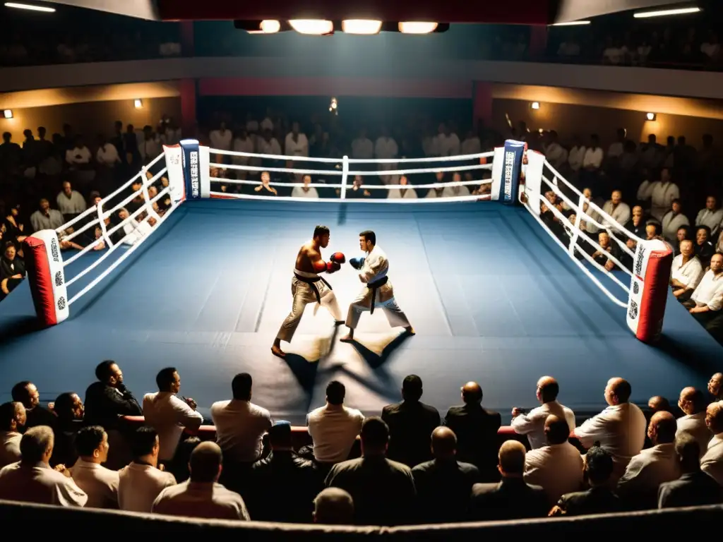 Dos competidores habilidosos luchan en un emocionante torneo de artes marciales, con una multitud expectante de pie