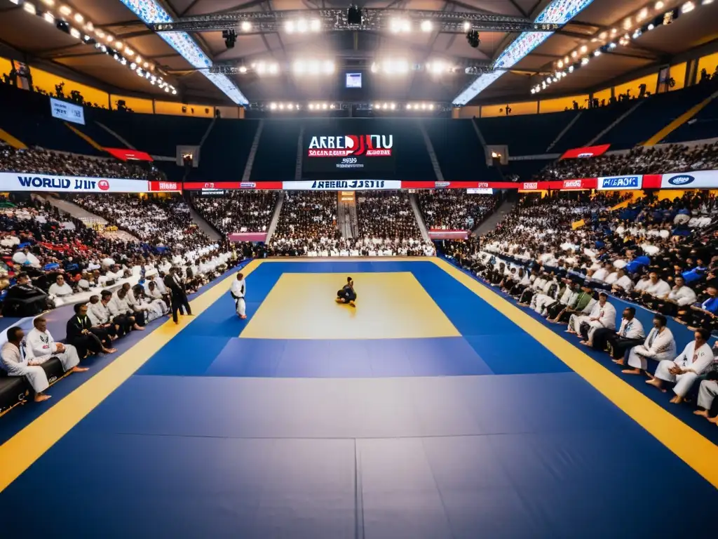 Los competidores luchan con intensidad en los Campeonatos Mundiales JiuJitsu Prestigiosos, mientras el brillo de la arena crea una atmósfera eléctrica