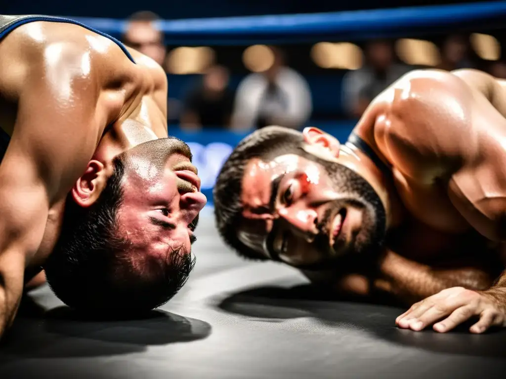 Dos competidores de JiuJitsu luchan en un agarre intenso, mostrando fuerza y determinación en la arena