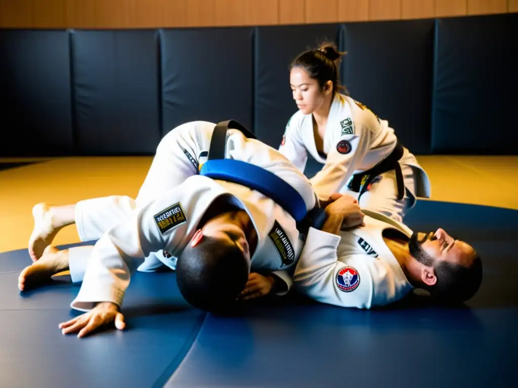 Competidores de JiuJitsu de élite se entrenan intensamente en un tatami bañado por el sol