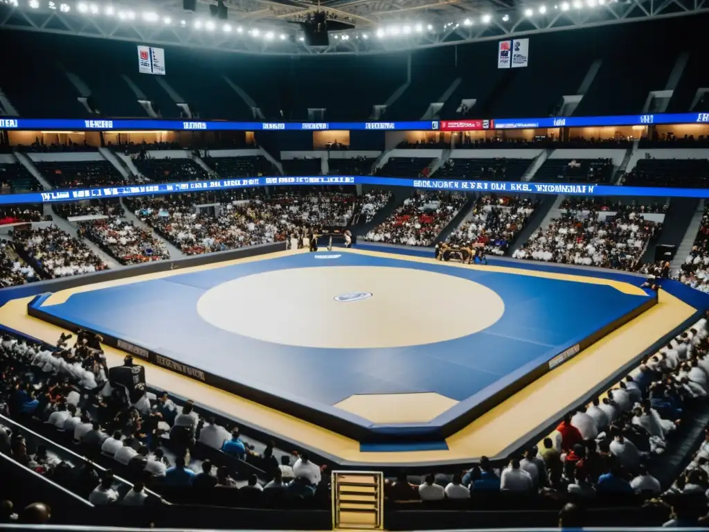 Competidores de jiu-jitsu en un estadio lleno, con una atmósfera electrizante que captura la influencia del jiu-jitsu en la cultura