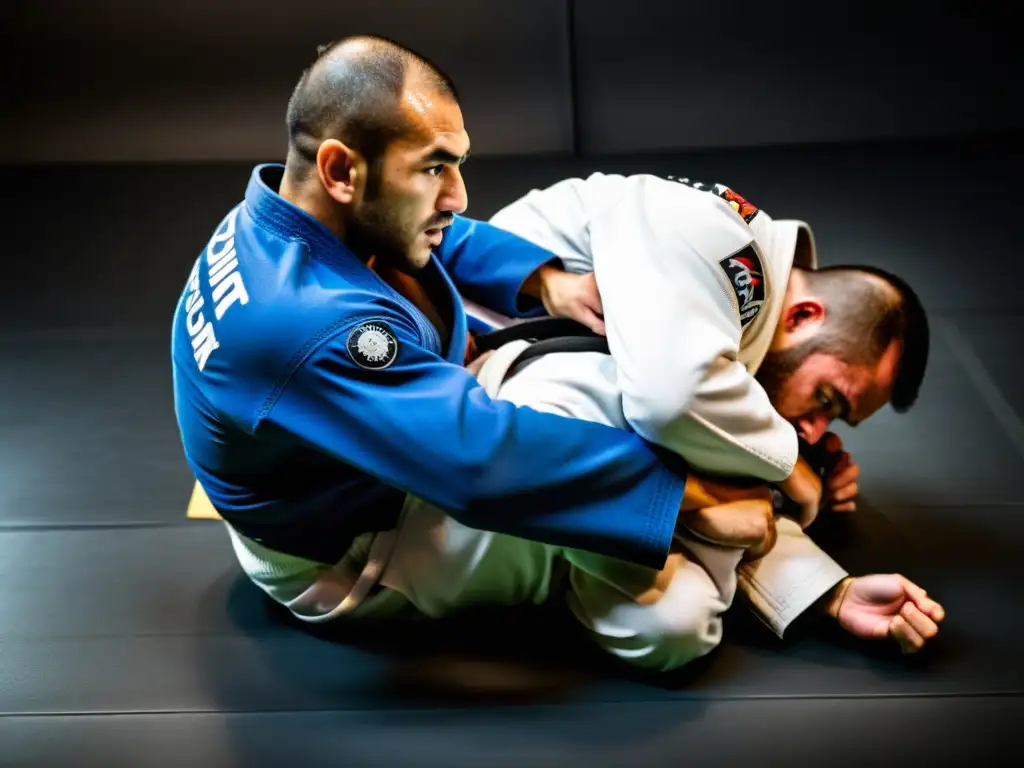 Competidores de JiuJitsu en intensa batalla táctica, mostrando análisis de oponentes en JiuJitsu