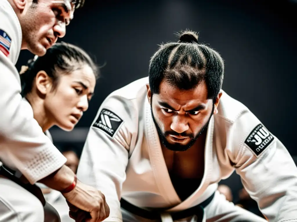 Dos competidores de JiuJitsu en un intenso combate, mostrando la evolución del JiuJitsu en competencias con su expresión concentrada y músculos tensos