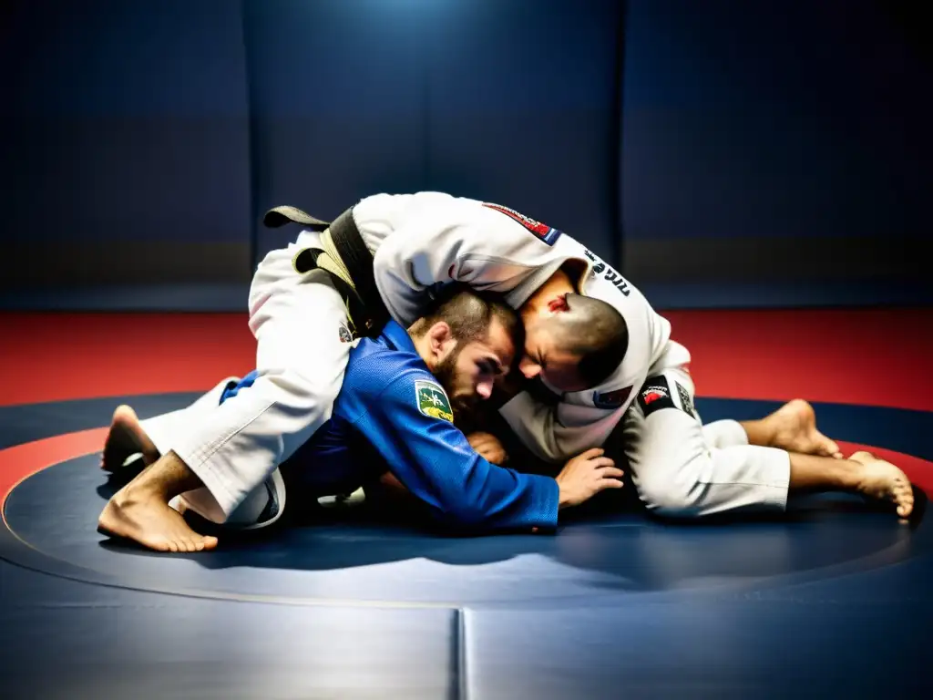 Dos competidores de JiuJitsu en pleno combate, demostrando su destreza y determinación