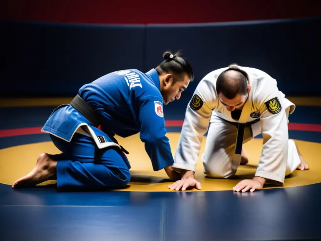 Dos competidores de JiuJitsu se inclinan en señal de respeto antes de un combate, transmitiendo la importancia ética y respeto en los torneos JiuJitsu